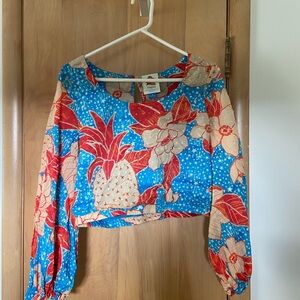 Anthropologie Blue Red Crop Blouse Long Sleeve